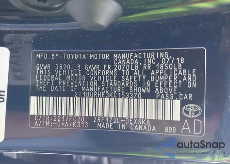 2019 Toyota Corolla Se из США, поврежденный, VIN 2T1BURHE3KC153370